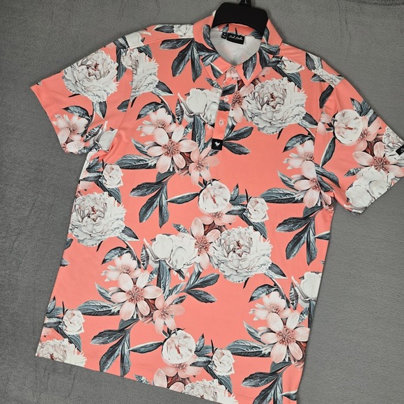 Bad Birdie Other - Bad Birdie Polo Shirt Mens Medium‎ Pink Floral Golf Performance Stretch EUC